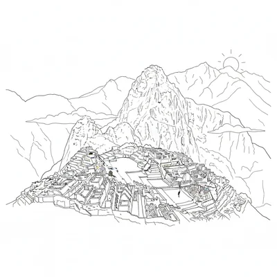 Machu Picchu with mountain terraces visible, the main citadel buildings coloring page
