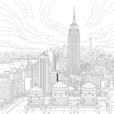 A Manhattan rooftop terrace view with water towers in the foreground coloring page
