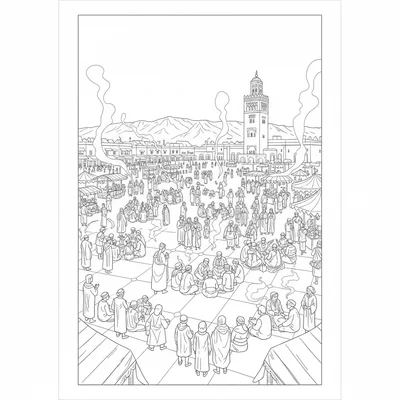 A Marrakech Jemaa el-Fnaa square at dusk, the vast square filling coloring page
