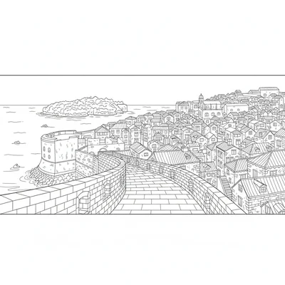 A medieval Dubrovnik Old City walk on the walls, the top coloring page