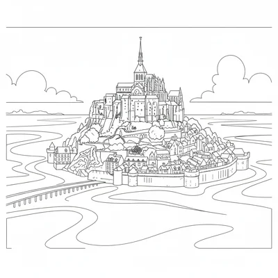 Mont Saint-Michel on its tidal island, the abbey rising in tiers coloring page