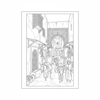 A Moroccan Fes medina street scene in the souk, the narrow lane flanked by high coloring page