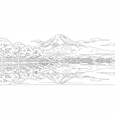 Mount Fuji with cherry blossom trees, the classic view with Mount Fuji coloring page