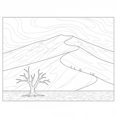 A Namib desert landscape with the orange sand dunes coloring page