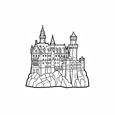 Neuschwanstein Castle simplified as a fairy tale castle with multiple round coloring page