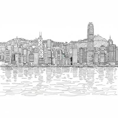A night cityscape of Hong Kong from Kowloon looking across the harbour coloring page