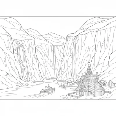 A Norwegian Fjord scene, steep cliff walls rising almost vertically coloring page