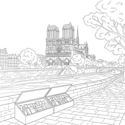 Notre Dame Cathedral with the Seine and a bouquiniste book stall on the quay coloring page