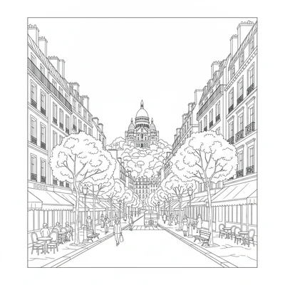 A Paris Haussmann boulevard scene with the Sacre-Coeur visible on Montmartre coloring page
