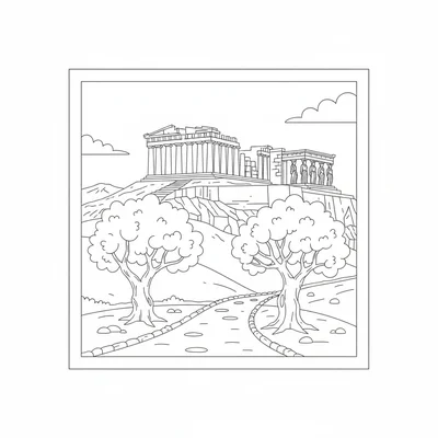 The Parthenon on the Acropolis hill with olive trees, the temple coloring page