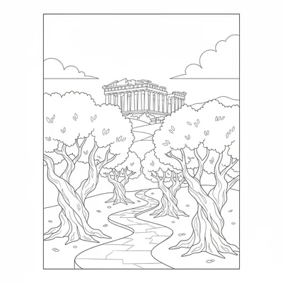 The Parthenon with olive grove, three ancient twisted olive trees coloring page
