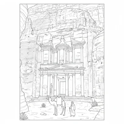 Petra's treasury building carved into a rose-red cliff, the carved facade coloring page