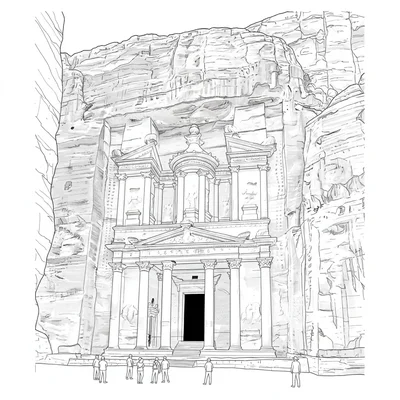 Petra's treasury carved into the rose-red cliff face with tourists for scale coloring page