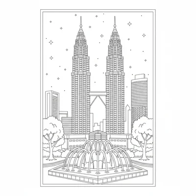 The Petronas Towers at night with the park in the foreground, the twin towers coloring page