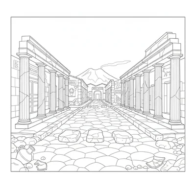 A Pompeii street view at the excavation site, a wide Roman strada with a raised coloring page