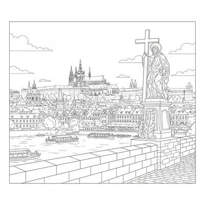 Prague Castle from the Charles Bridge, the bridge's stone balustrade and one coloring page