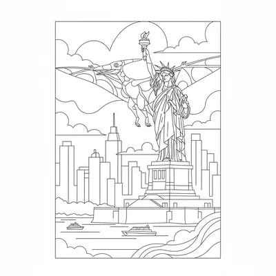 A Pteranodon soaring past the Statue of Liberty, one wing tip nearly touching t… coloring page