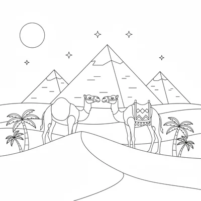 The Pyramids of Giza with two camels and a desert dune in the foreground coloring page