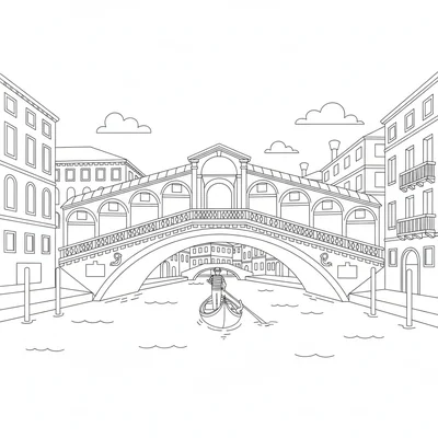 The Rialto Bridge in Venice with gondola, the stone arch bridge spanning coloring page
