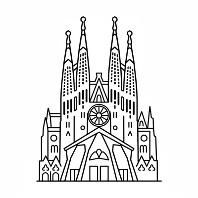 The Sagrada Familia simplified as a broad church facade with four tall pointed coloring page