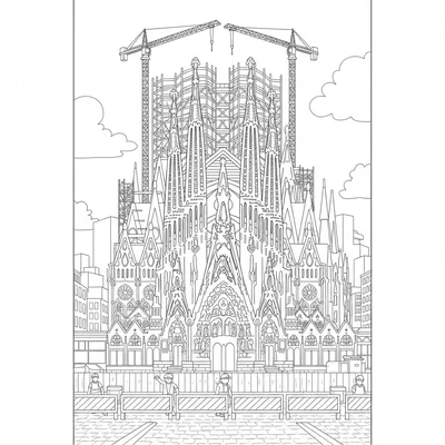The Sagrada Familia under scaffolding and construction, the partially complete coloring page