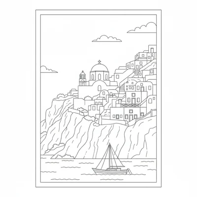 Santorini cliffside village, white cube buildings stepping down the cliff face coloring page