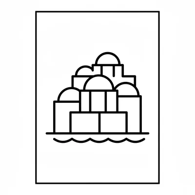 Santorini simplified as white cube-shaped buildings with round domed coloring page
