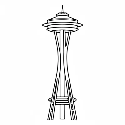 The Space Needle simplified as a thin tower with a flying saucer-shaped top coloring page