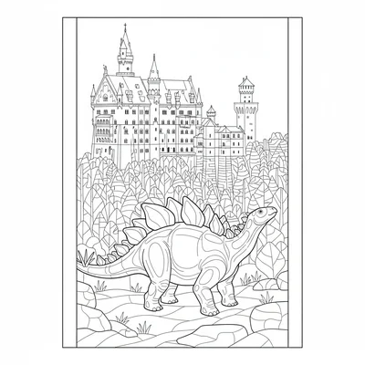 A Stegosaurus in front of Neuschwanstein Castle, the fairy-tale turrets simplif… coloring page