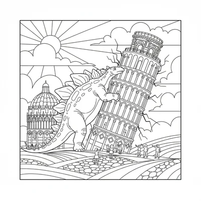A Stegosaurus leaning against the Leaning Tower of Pisa, its weight pushing the… coloring page