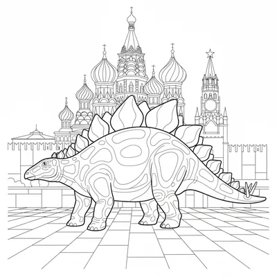 A Stegosaurus posing in front of the Kremlin, the onion domes simplified to the… coloring page