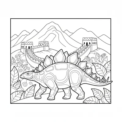 A Stegosaurus walking along the Great Wall of China, the wall curving along the… coloring page