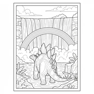 A Stegosaurus walking beside Niagara Falls, the waterfall shown as broad cascad… coloring page