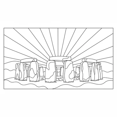 Stonehenge at sunrise with mist, the stone circle in the foreground, rays coloring page