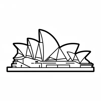 The Sydney Opera House simplified as three curved shell shapes in a row coloring page