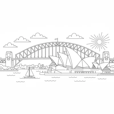 The Sydney Opera House with the Harbour Bridge behind, the opera shells coloring page