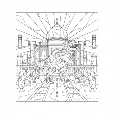 A T-Rex posing for a photo in front of the Taj Mahal, the building shown as a s… coloring page