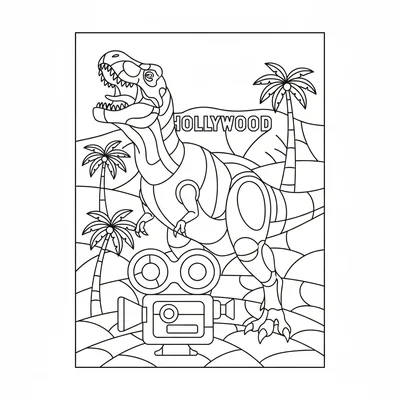 A T-Rex roaring in front of the Hollywood sign, the letters simplified as broad… coloring page