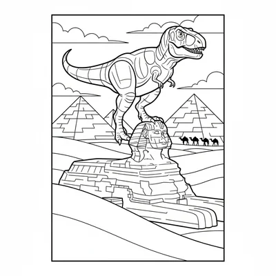 A T-Rex standing atop the Great Sphinx, one foot on the sphinx head, pyramids i… coloring page