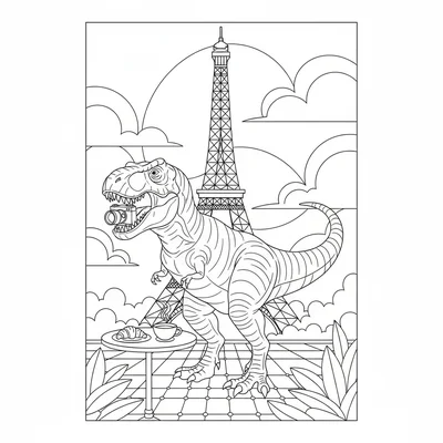 A T-Rex standing in front of the Eiffel Tower, gripping a camera in its jaws, a… coloring page