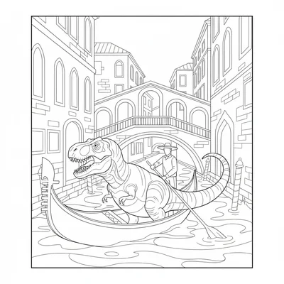 A T-Rex taking a gondola ride through Venice, barely fitting in the boat, the g… coloring page