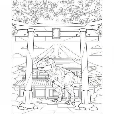 A T-Rex visiting a Japanese shrine at the base of Mount Fuji, the mountain as a… coloring page