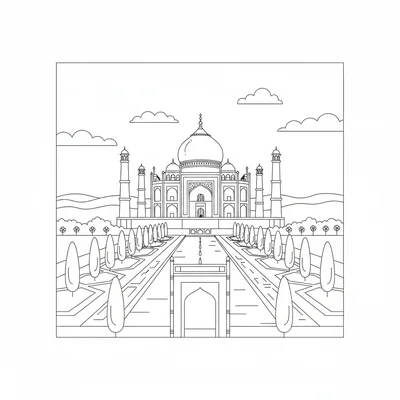 The Taj Mahal with its long reflecting pool leading to the entrance gate coloring page