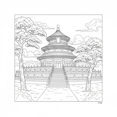 The Temple of Heaven in Beijing with umbrella pines, the circular blue-tiled coloring page