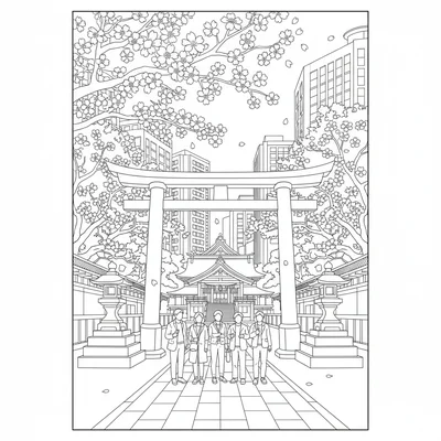 A Tokyo street with a Shinto shrine torii gate in the center, stone lanterns coloring page