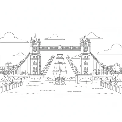 The Tower Bridge opening for a tall ship, the bascule halves of the bridge coloring page