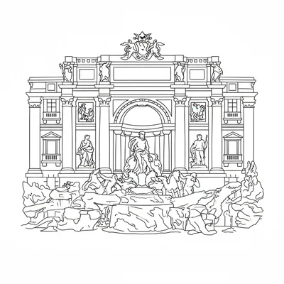 The Trevi Fountain simplified as a large central Neptune figure on a shell coloring page