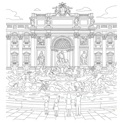 The Trevi Fountain with three figures tossing coins, the baroque fountain coloring page