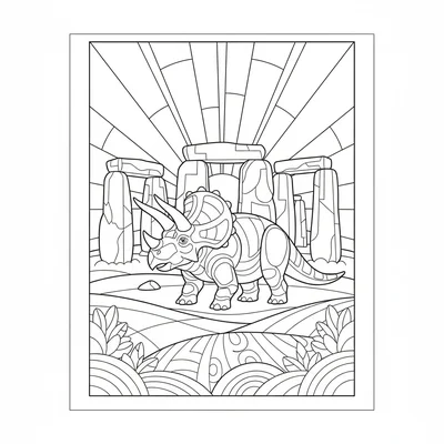 A Triceratops at Stonehenge, standing in the center of the stone circle, the me… coloring page