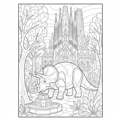 A Triceratops browsing in a garden beside the Sagrada Familia cathedral, the sp… coloring page